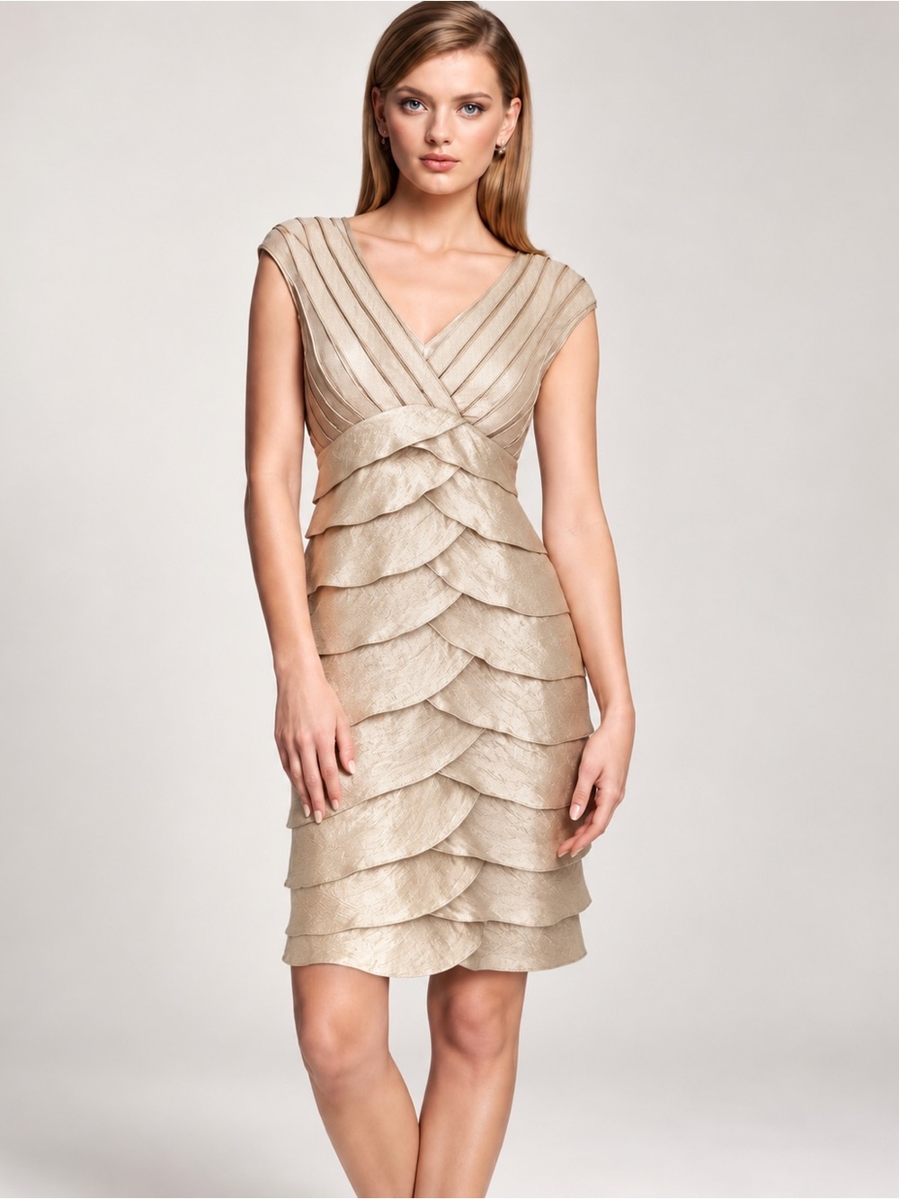 ADRIANNA PAPELL Champagne Layered V-Neck Cocktail Dress 4P - Picture 2 of 16